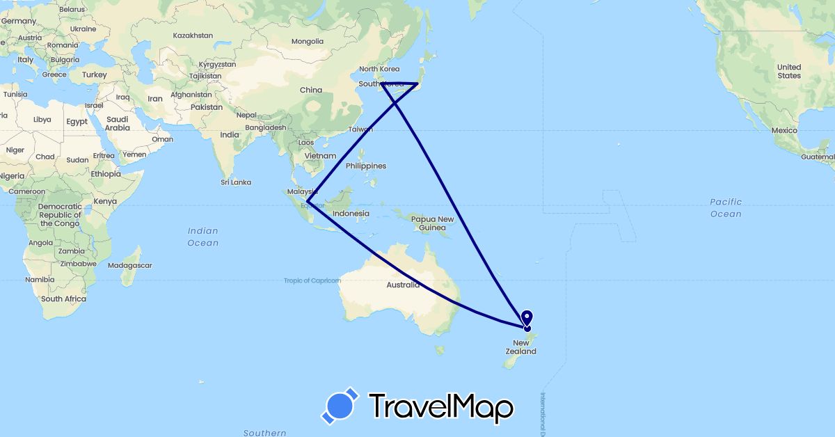 TravelMap itinerary: driving in Japan, South Korea, New Zealand, Singapore (Asia, Oceania)